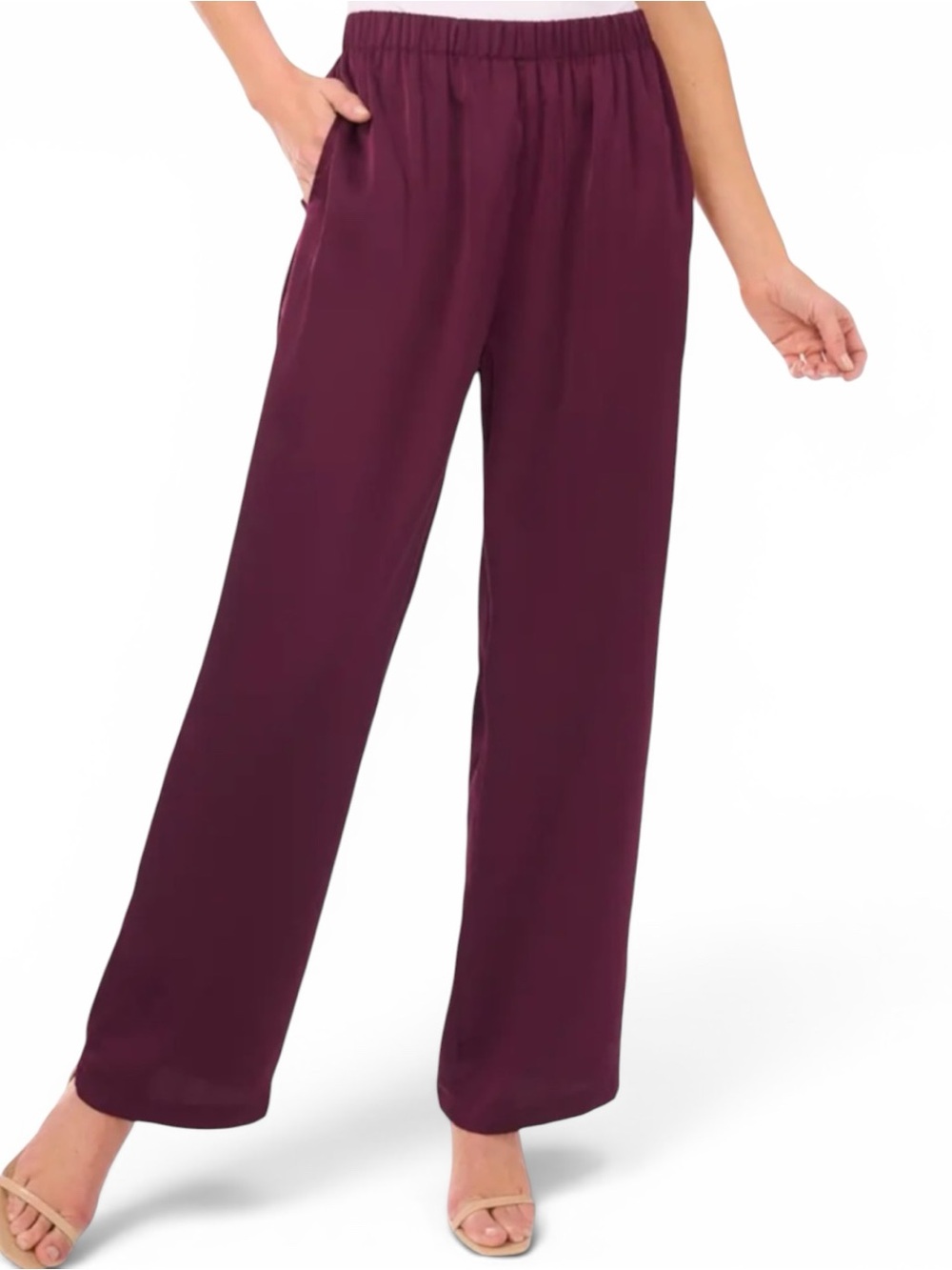 CeCe Straight Leg Elastic Waist Silky Feeling Pants in Deep Plum Size XL